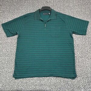 R&R Casual Polo Shirt Men Large Green Striped 1/4 Zip Short Sleeve Pocket